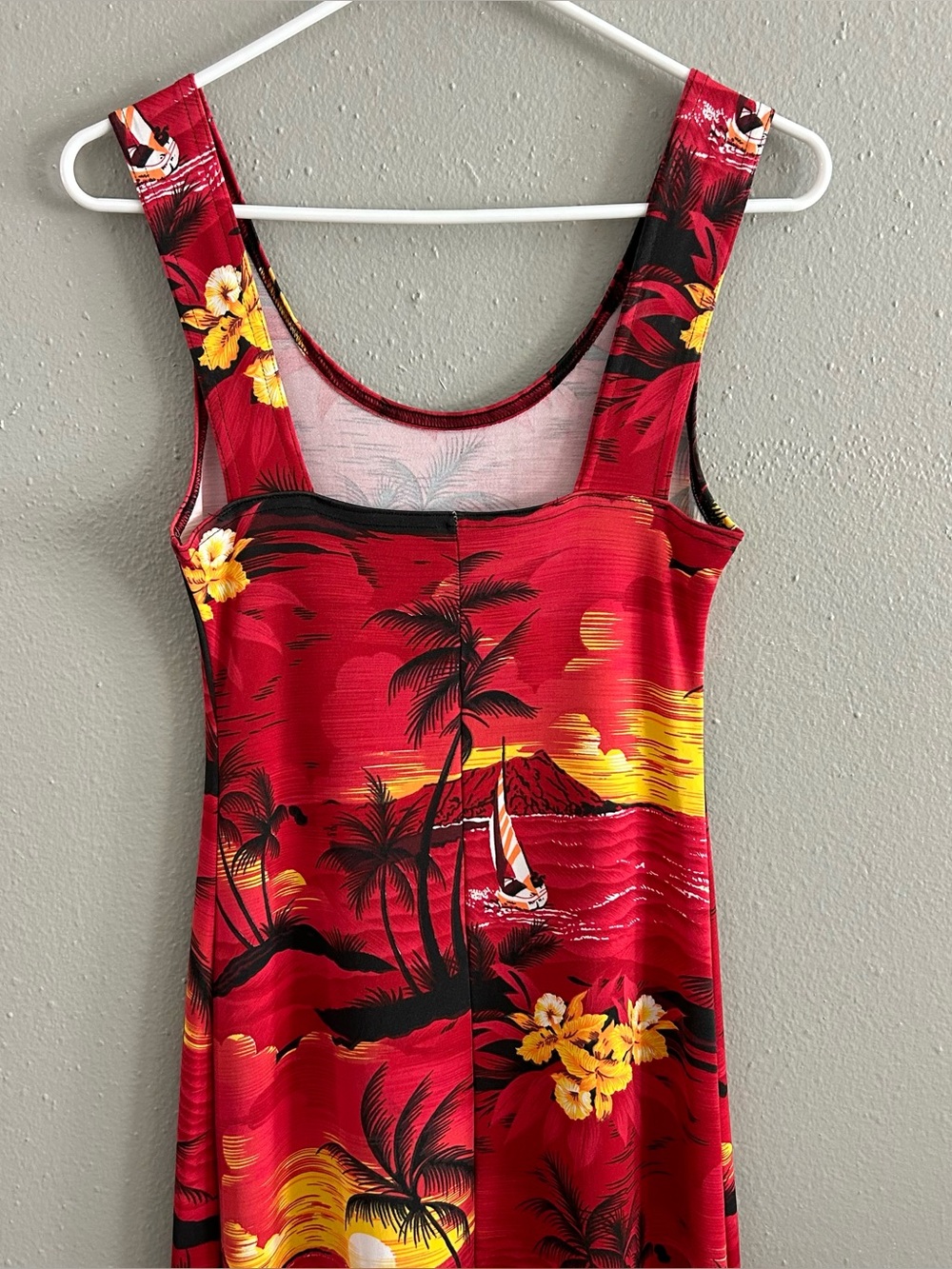 Vintage 90s Hawaiian Sunset Tropical Maxi Dress Red Sleeveless Beach Summer Sz M - Picture 7 of 9